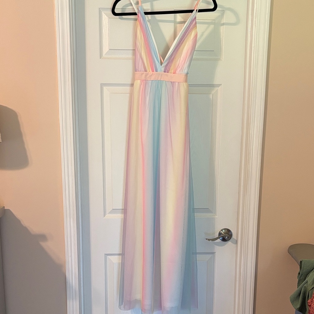 Pastel Rainbow Maxi Dress with V-Neck